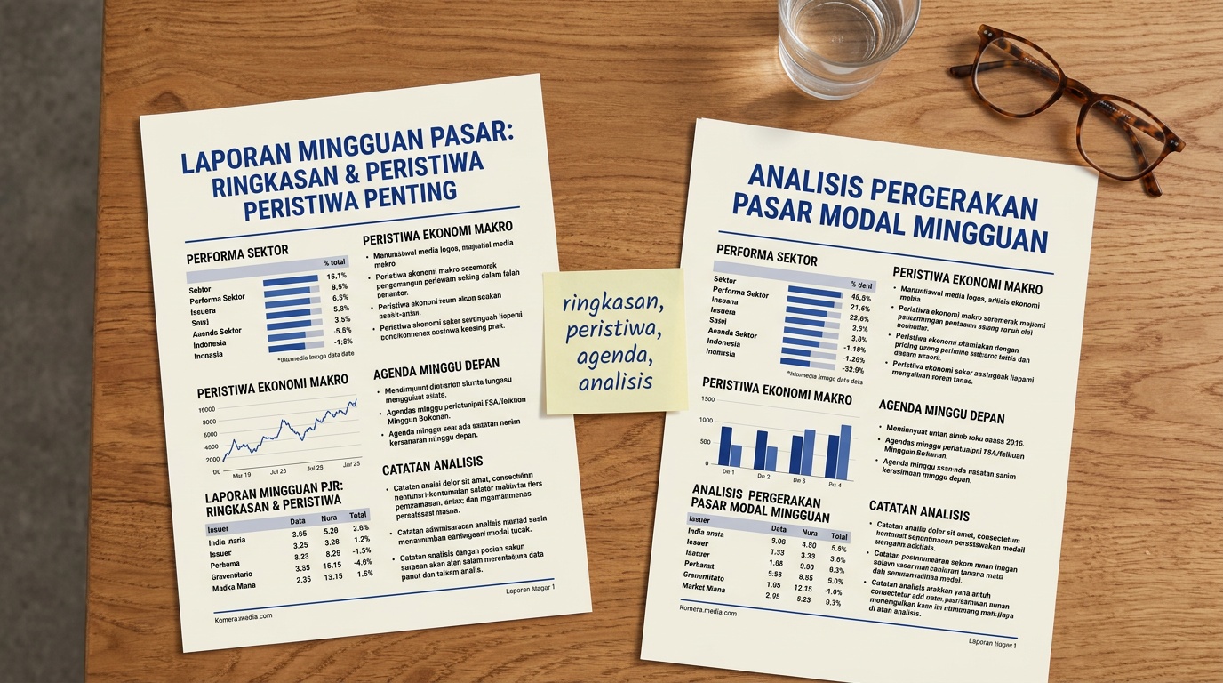 Laporan mingguan pasar modal di meja kerja editor