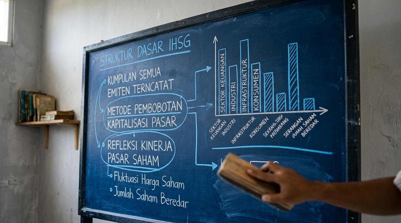 Ilustrasi grafik IHSG dengan latar ruang kelas di Makassar